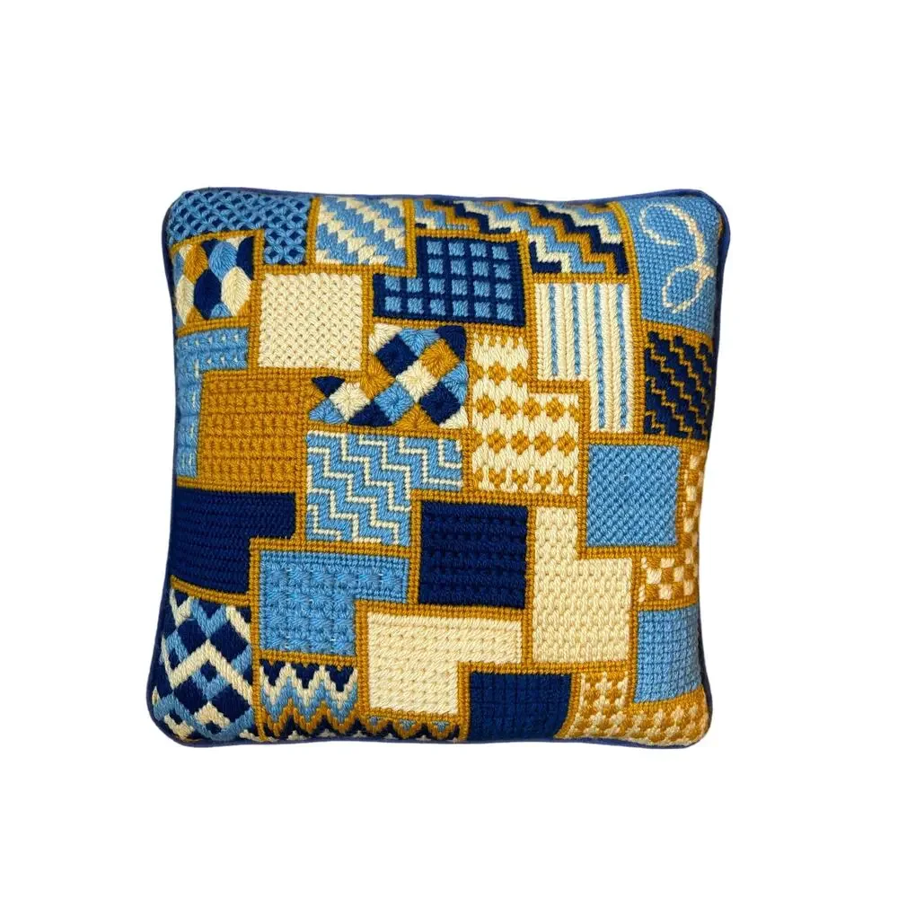 Handmade Throw Pillow Size Blue Gold Vintage 70s Bargello Needlepoint MCM
